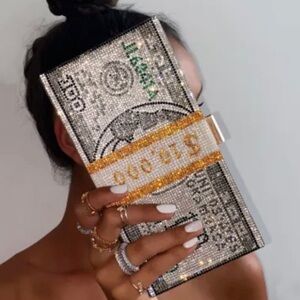 Brand New money dollar clutch bag Rhinestone bling purse removable chain straps